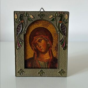 Icon of the Virgin Mary, Mother of God in Metal Cloisonné Peacock Enamel Frame